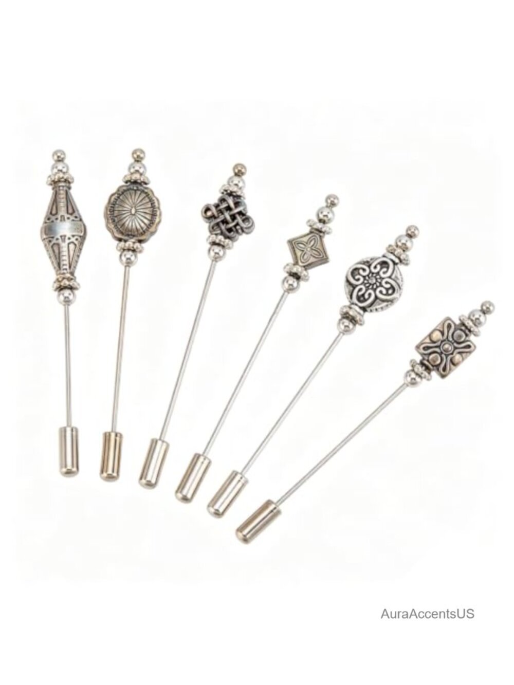 6 Pc Tibetan Silver Hat Pins Brooches 2.95" Brass Decorative Safety Pins